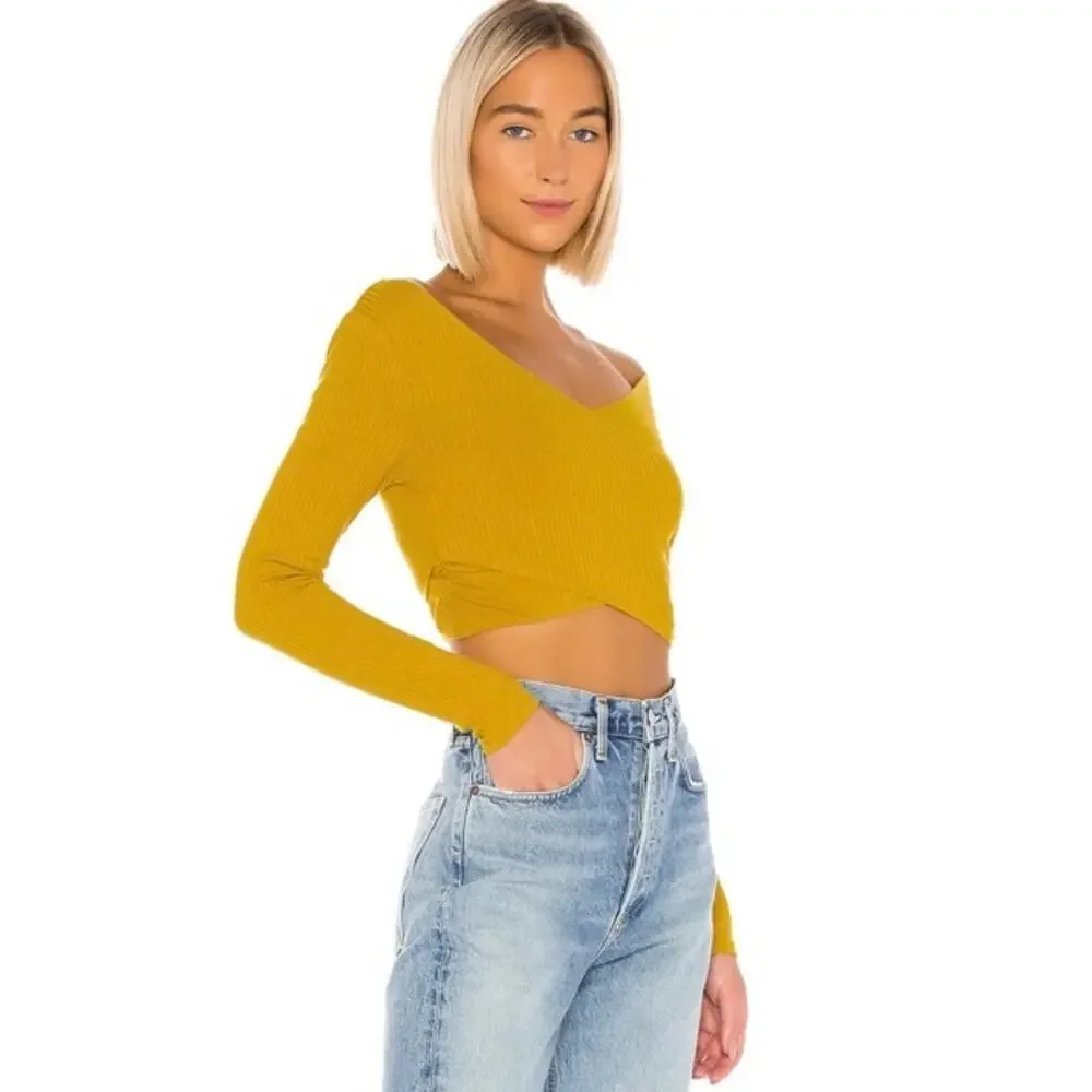 NEW Lovers + Friends Everly Top Ribbed Knit Crop Double V-Neck Mustard Yellow Lg